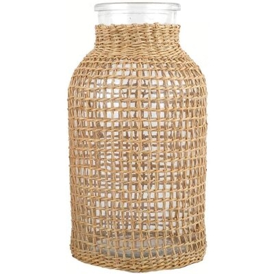 Flower Vase Glass Desktop Vase Flower Wicker Vase Decorative Japanese Style Flower Vase Seagrass Woven Vase Table Centerpiece Decor - Image 0
