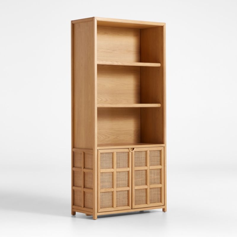 Campagna 93" Rattan and Natural Oak Wood 3-Shelf Storage Bookcase Cabinet - Image 5