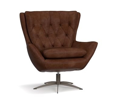 Wells Leather Petite Swivel Armchair with Brass Base, Polyester Wrapped Cushions, Vintage Camel - Image 1