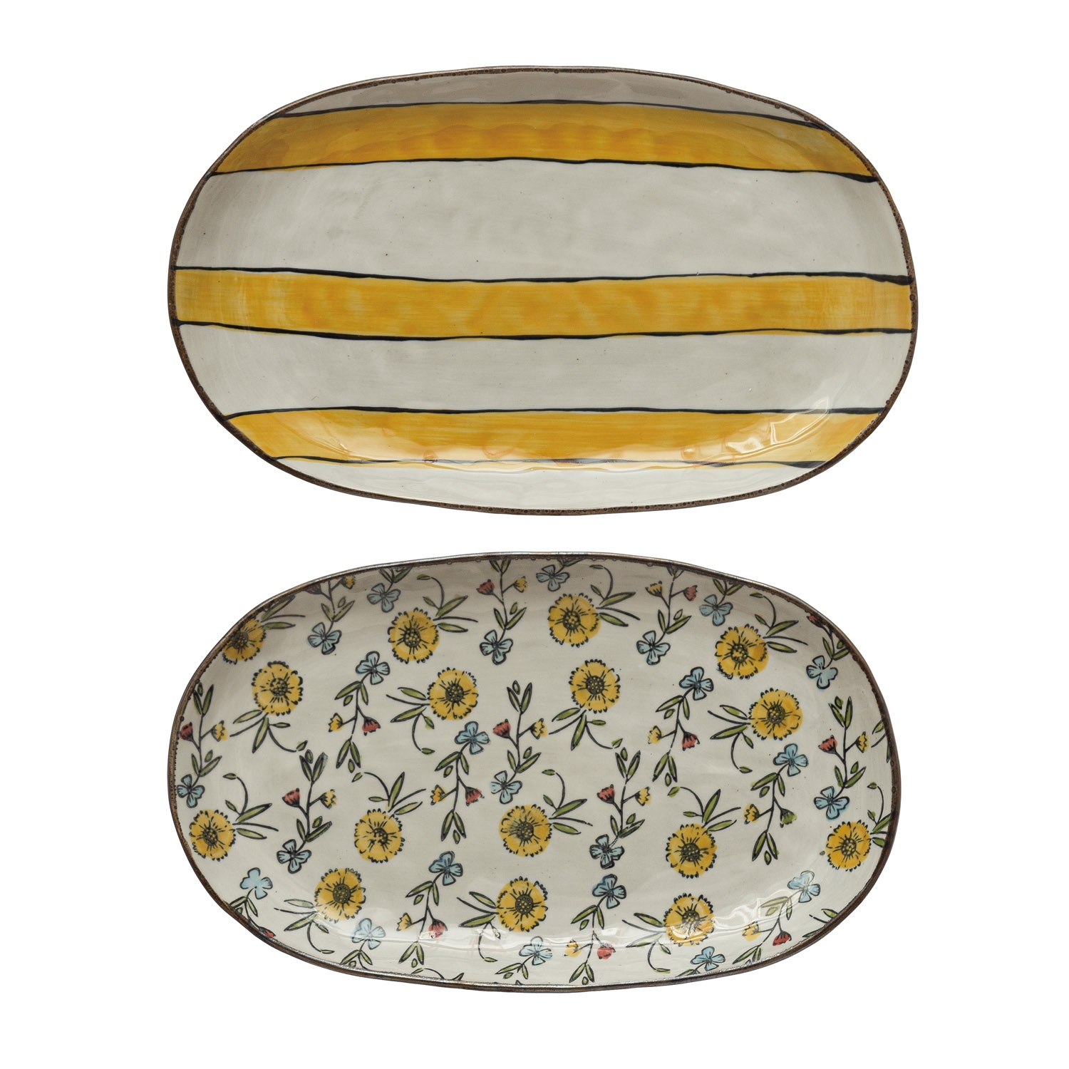 Hand-Painted Stoneware Platters with Floral/Striped Pattern, Set of 2 - Image 0