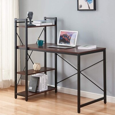 Computer Desk With Shelves 44 Inch Writing Study Table With Adjustable Storage Modern Home Office Desk With Reversible Bookshelf, Brown - Image 0