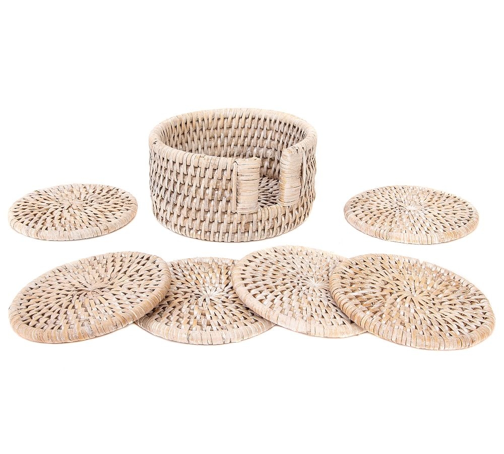 Tava Rattan Round Coasters with Holder - Light Natural - Image 0