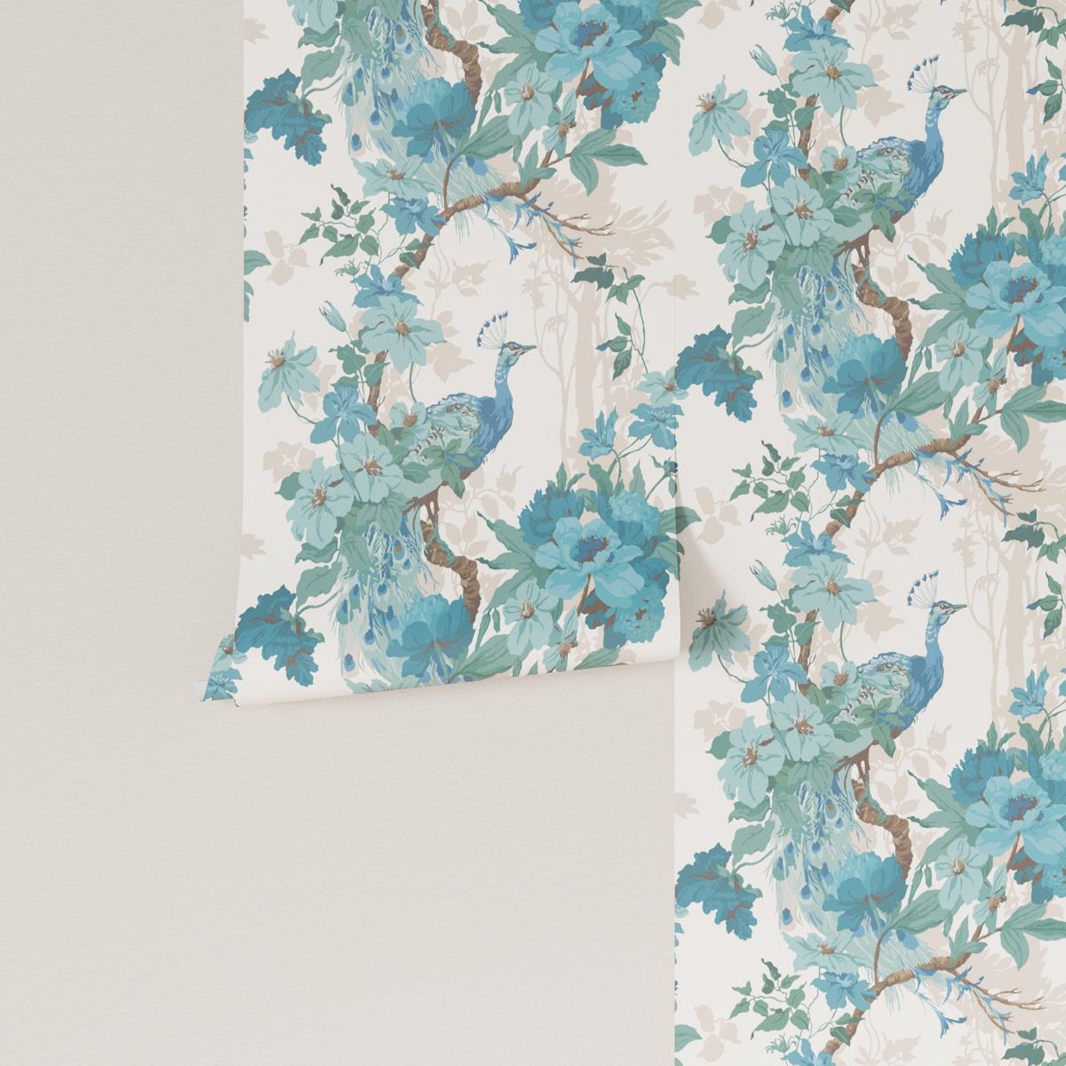 Traditional Wallpaper, Turquoise Peacock Park - Image 1