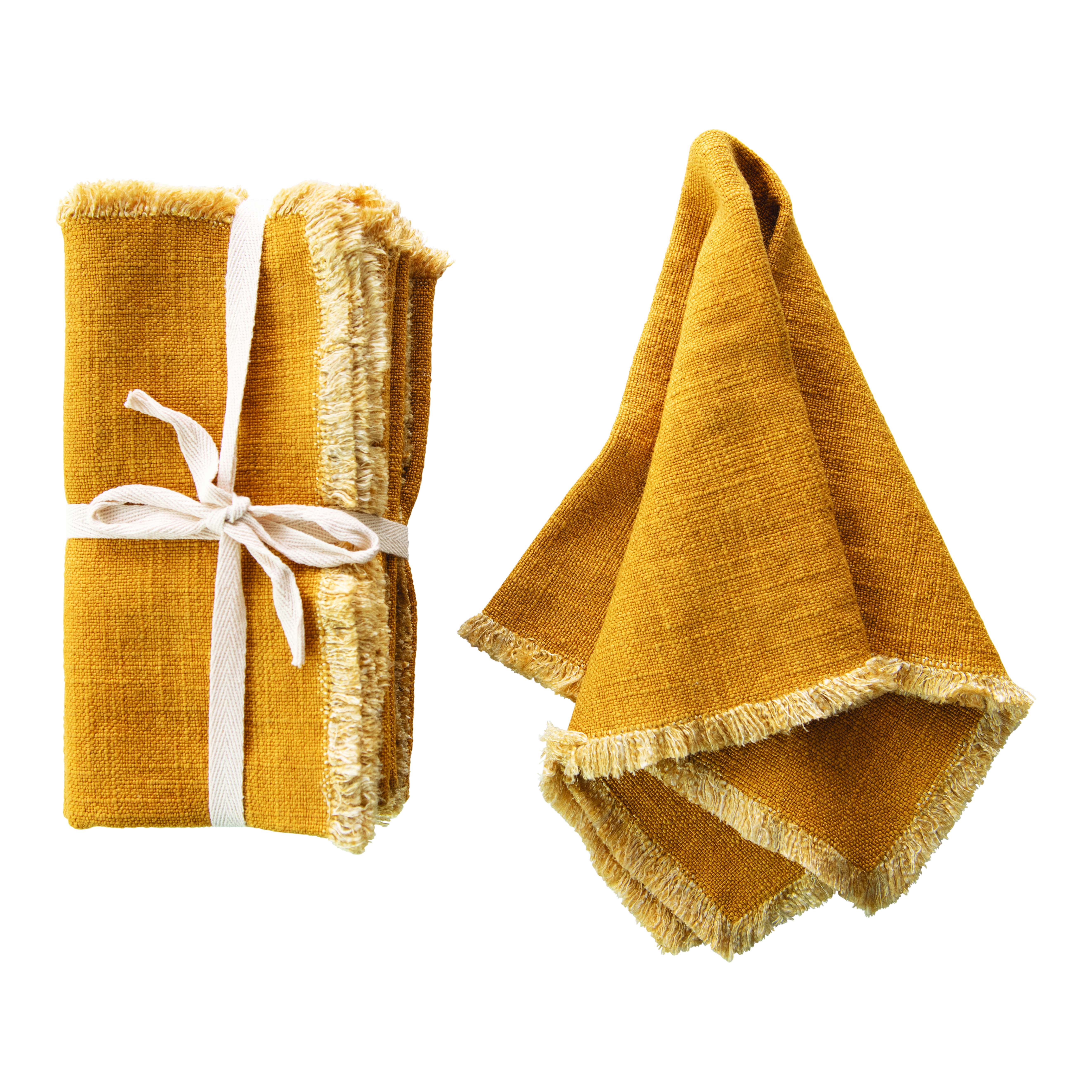 Mustard Square Linen Blend Napkin with Fringe Trim (Set of 4) - Image 0