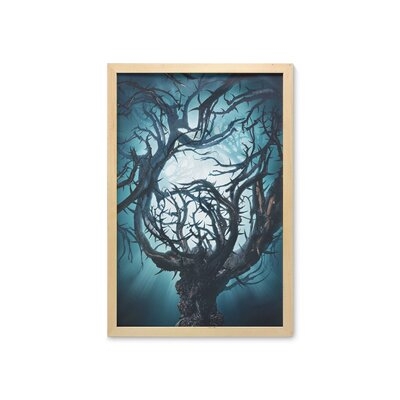Ambesonne Mystic Wall Art With Frame, Big Tree Thorns Branch In Spooky Night Fantasy Halloween Illustration Print, Printed Fabric Poster For Bathroom Living Room Dorms, 23" X 35", Teal White - Image 0