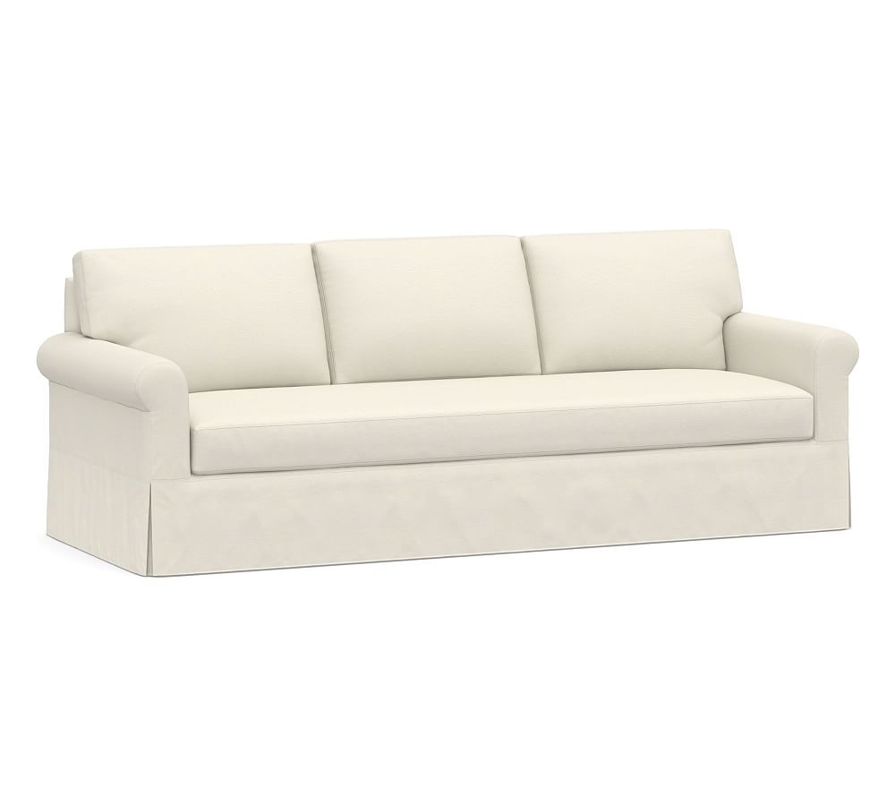 York Roll Arm Slipcovered Grand Sofa 97.5" 3X1, Down Blend Wrapped Cushions, Textured Twill Ivory - Image 0
