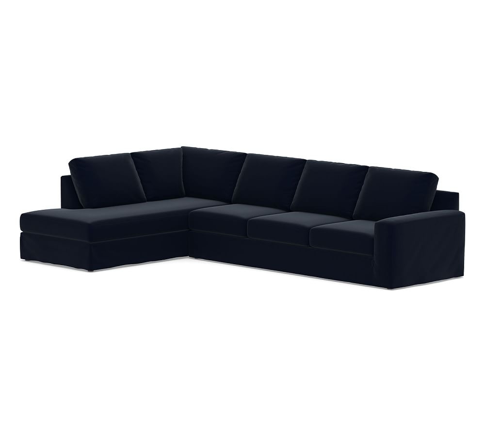Big Sur Square Arm Slipcovered Right Grand Sofa Return Bumper Sectional, Down Blend Wrapped Cushions, Performance Plush Velvet Navy - Image 0