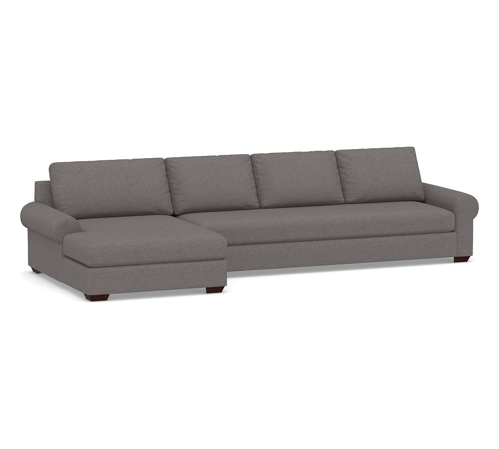 Big Sur Roll Arm Upholstered Right Arm Grand Sofa with Double Chaise Sectional and Bench Cushion, Down Blend Wrapped Cushions, Brushed Crossweave Charcoal - Image 0