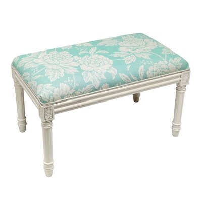 Tan Peony Linen Upholstered Bench With Antique White Finish And Welting - Image 0