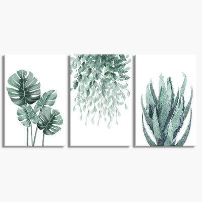 Green Canvas Wall Art For Living Room Bedroom, Monstera Shallow Green Leaf Tropical Succulent Plant Picture Canvas Prints,Modern Framed Minimalist Water Color Set Of 3 Piece 16" X 24" - Image 0