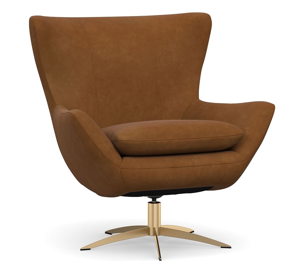 Wells Leather Tight Back Petite Swivel Armchair with Brass Base, Polyester Wrapped Cushions, Nubuck Caramel - Image 0
