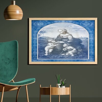 Ambesonne Renaissance Wall Art With Frame, Medieval Middle Ages Mother And Sons On Farm With Antique Frame Art Print, Printed Fabric Poster For Bathroom Living Room Dorms, 35" X 23", Blue Grey - Image 0