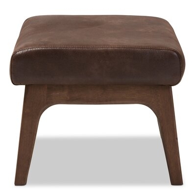 Burnsdale Mid-Century Modern Walnut Wood Dark Brown Distressed Faux Leather Ottoman - Image 0