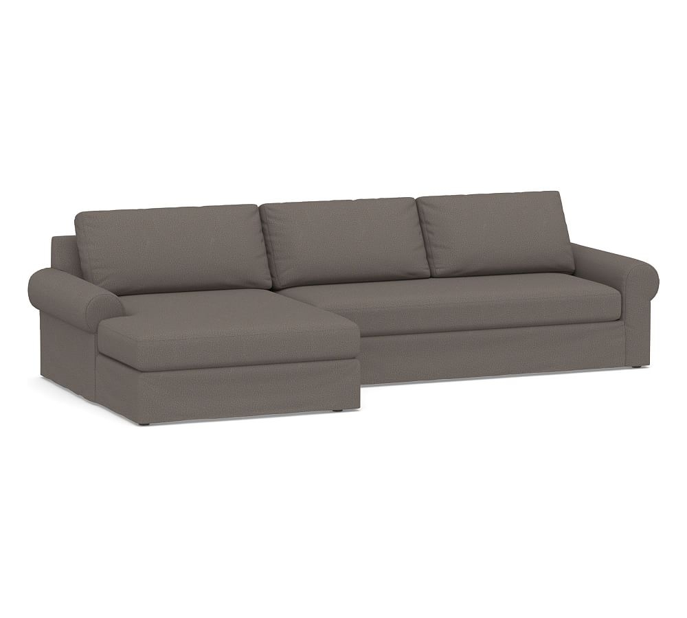 Big Sur Roll Arm Slipcovered Right Arm Sofa with Double Chaise Sectional and Bench Cushion, Down Blend Wrapped Cushions, Performance Heathered Tweed Graphite - Image 0