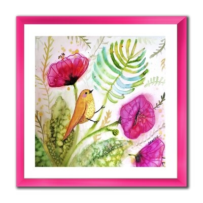 'Watercolor Singing Bird on Purple Flowers' - Picture Frame Print on Canvas - Image 0