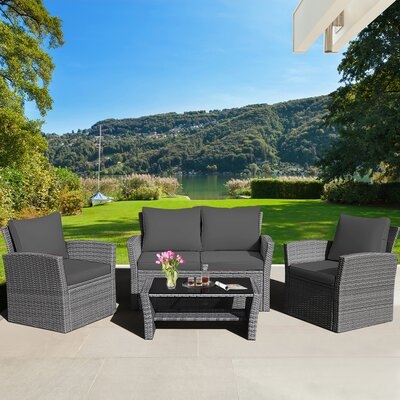 Zaria 4pcs Patio Rattan Conversation Set Outdoor Furniture Set W/ Grey Cushions - Image 0