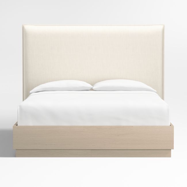 Arvada 54" Ivory Upholstered Queen Headboard with Batten White Oak Bed Base - Image 0