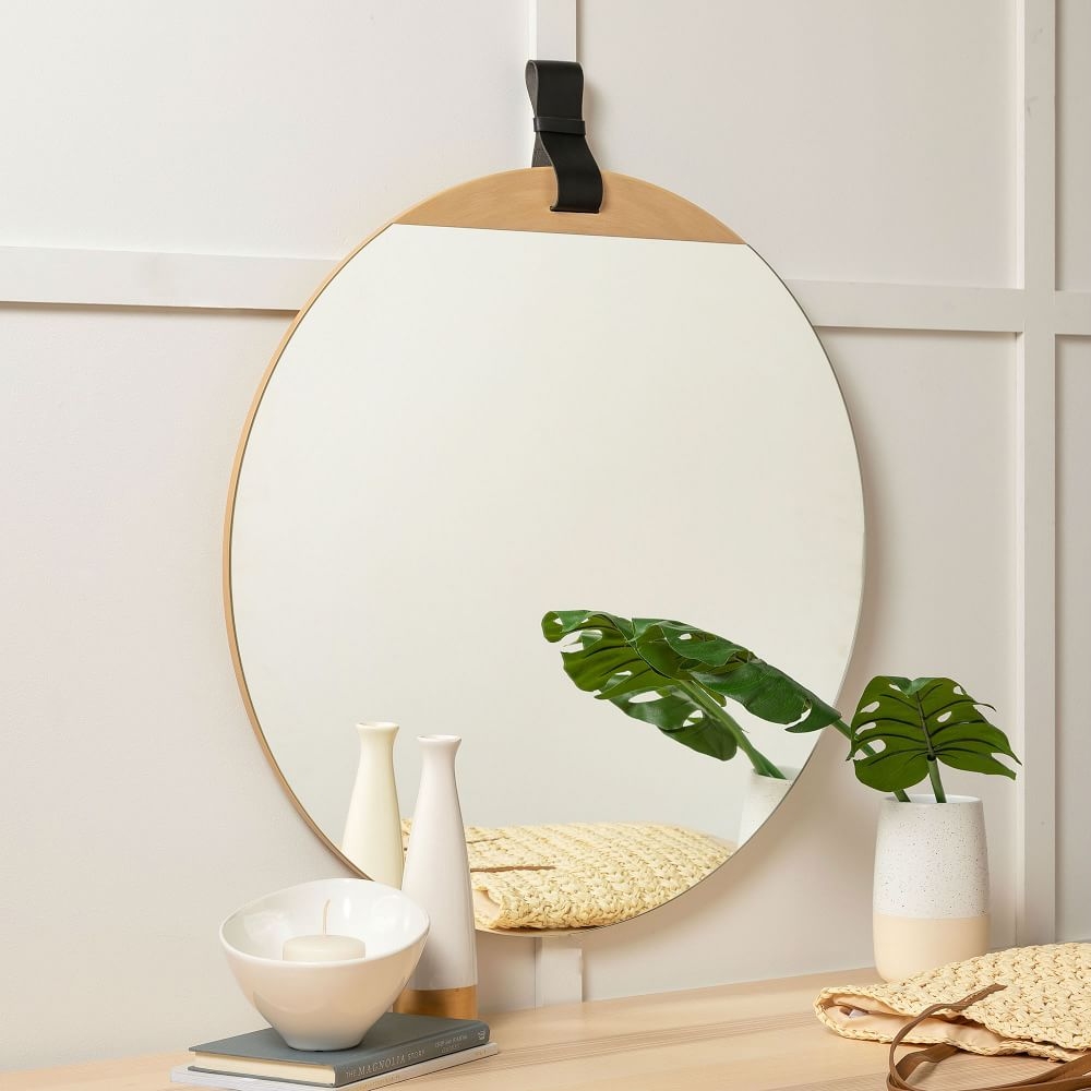 Leather Strap Round Hanging Mirror, 30" Diam - Image 0