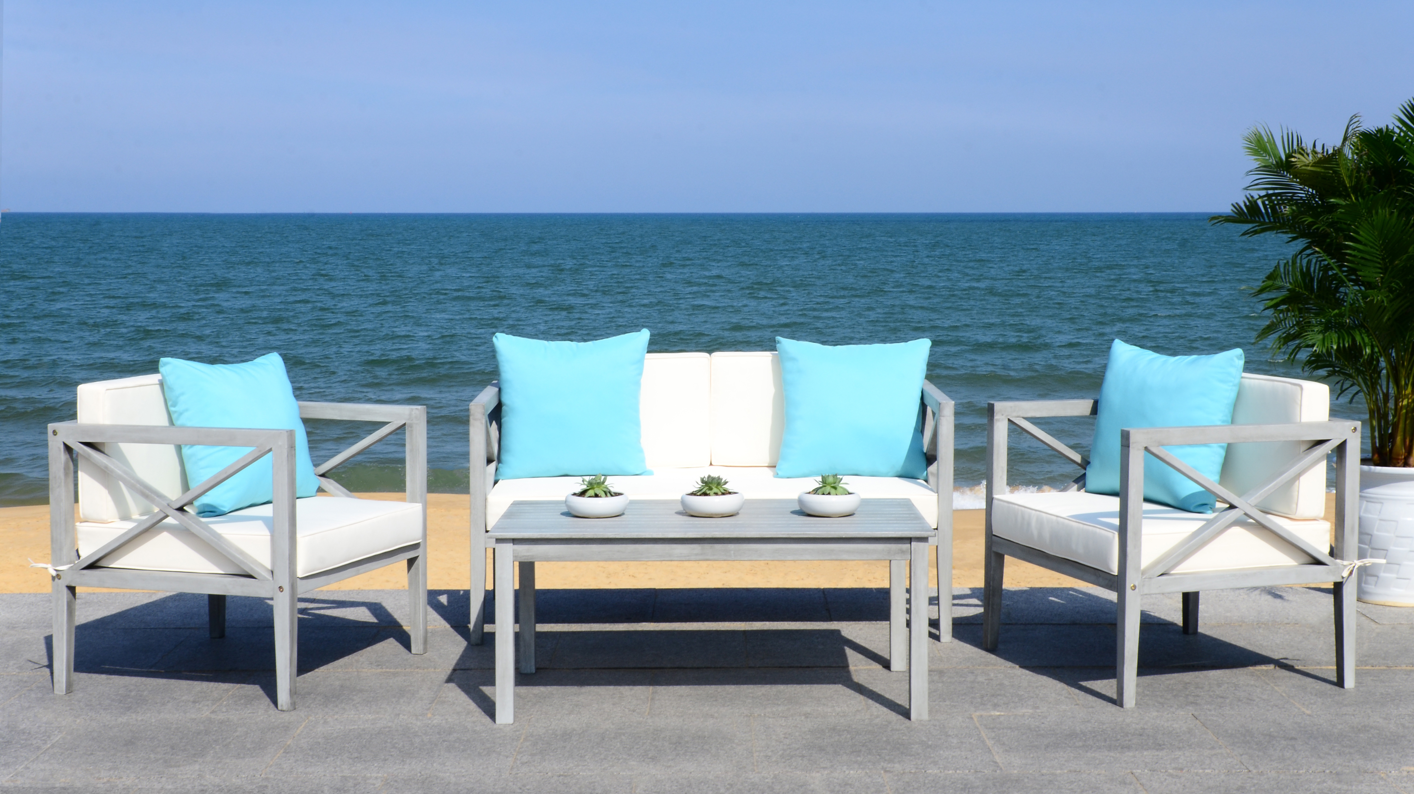 Nunzio 4 Piece Outdoor Set With Accent Pillows - Grey Wash/White/Light Blue - Safavieh - Image 5