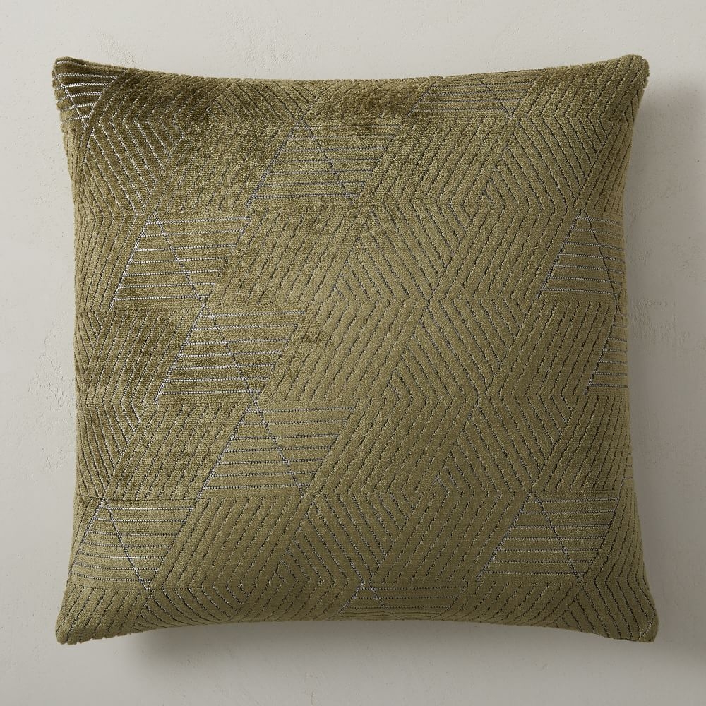 Geo Facet Jacquard Velvet Pillow Cover, 20"x20", Dark Olive - Image 0