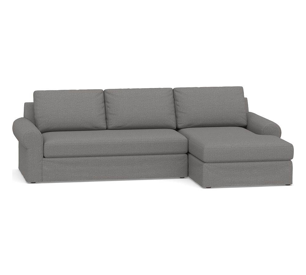 Big Sur Roll Arm Slipcovered Left Arm Loveseat with Chaise Sectional and Bench Cushion, Down Blend Wrapped Cushions, Performance Chateau Basketweave Blue - Image 0