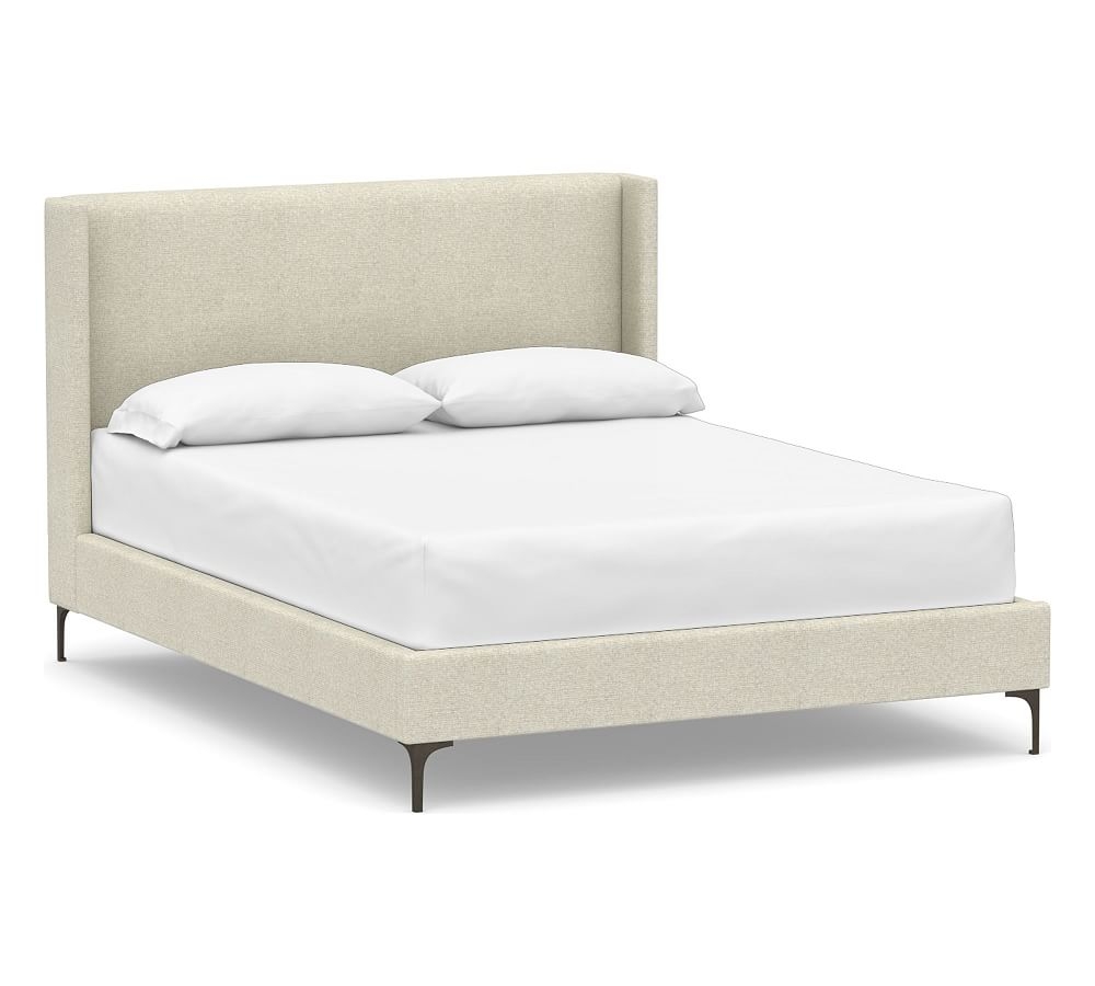 Jake Upholstered Bed, Tall Headboard 47"h with Bronze Legs, Full, Performance Heathered Basketweave Alabaster White - Image 0