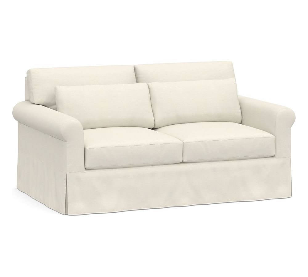 York Roll Arm Slipcovered Deep Seat Loveseat 72", Down Blend Wrapped Cushions, Textured Twill Ivory - Image 0