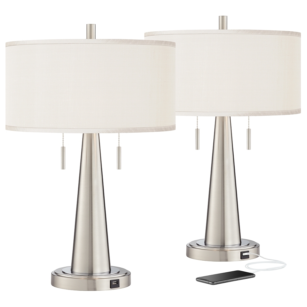 Possini Euro Vicki 23" Cream Faux Silk Nickel USB Table Lamps Set of 2 - Image 0