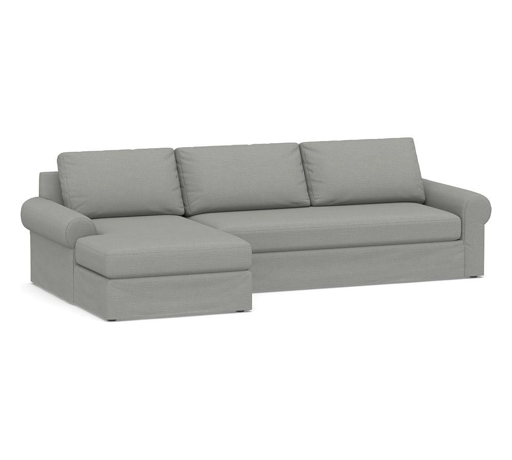 Big Sur Roll Arm Slipcovered Right Arm Sofa with Chaise Sectional and Bench Cushion, Down Blend Wrapped Cushions, Sunbrella(R) Performance Slub Tweed Ash - Image 0