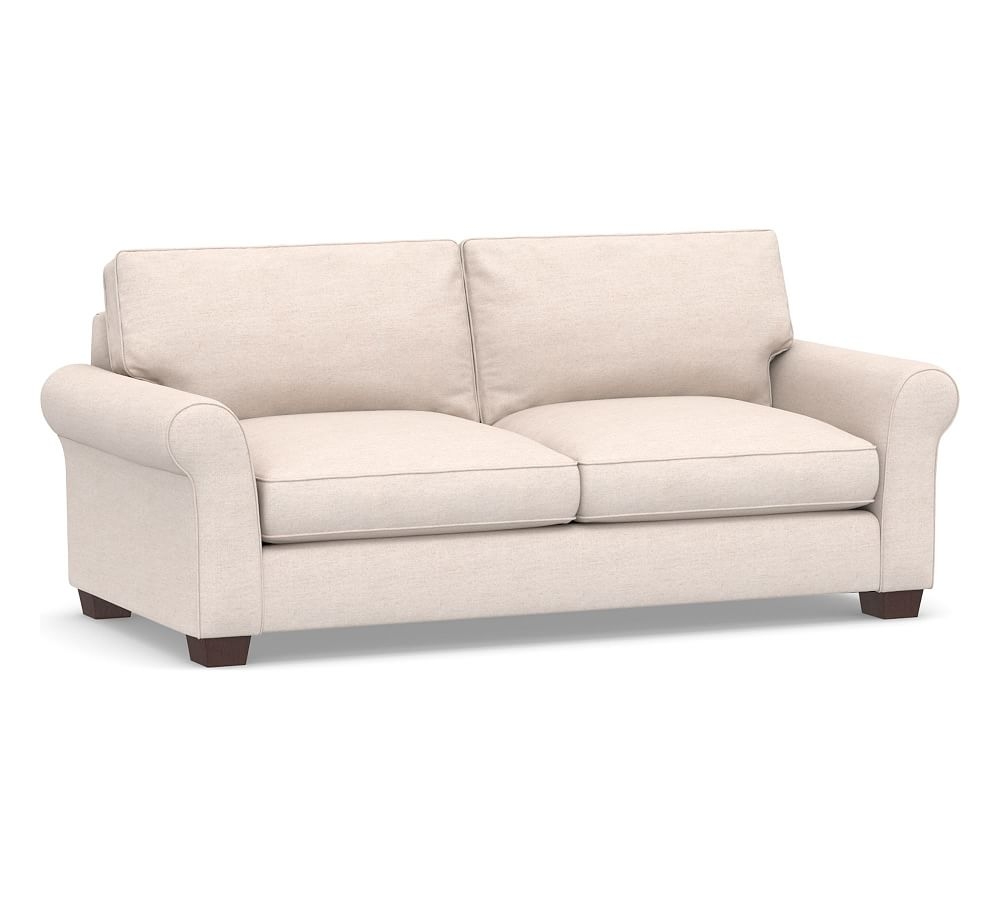 PB Comfort Roll Arm Upholstered Grand Sofa 93", Box Edge Down Blend Wrapped Cushions, Performance Heathered Basketweave Navy - Image 0