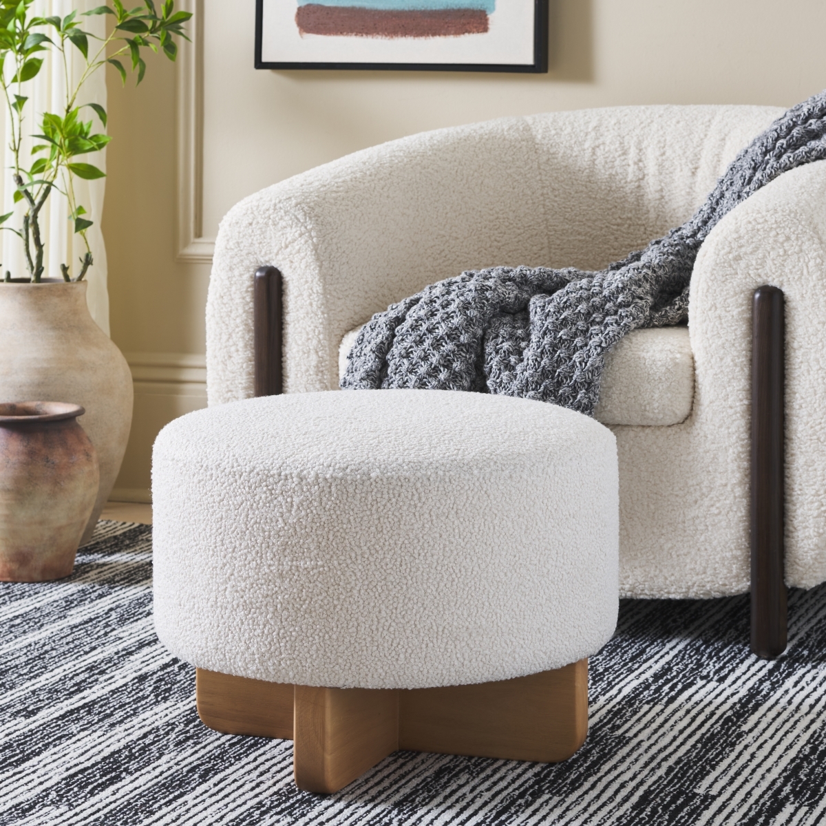 Riah Boucle Round Ottoman - Off White / Natural - Safavieh - Image 1