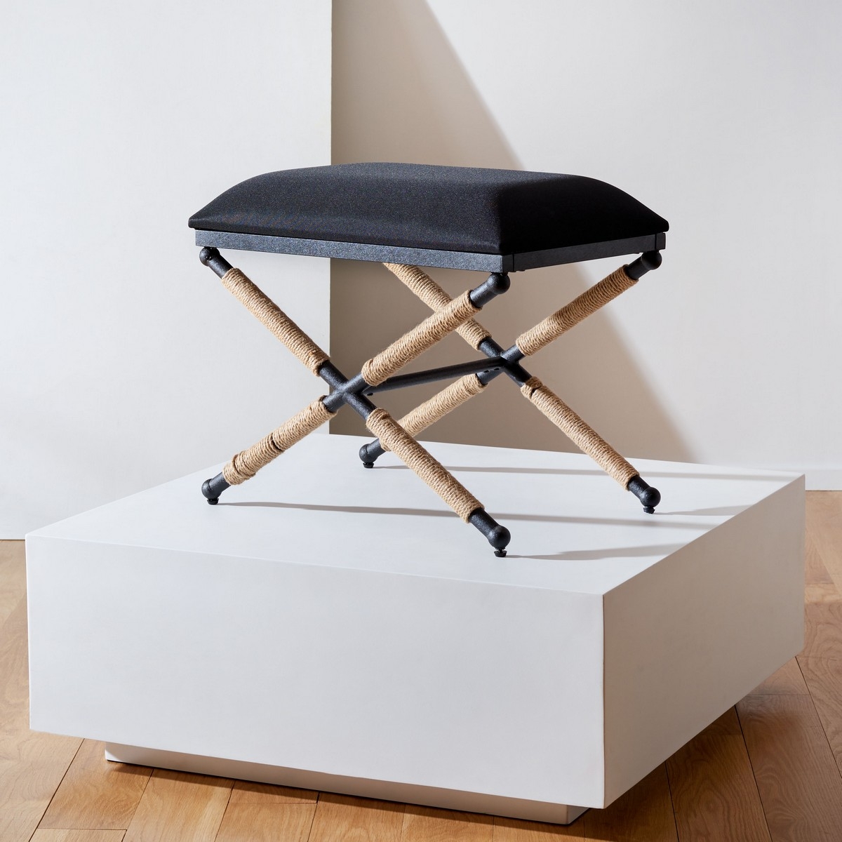 Carmelo Hemp Wrapped Ottoman - Black/Black - Image 1