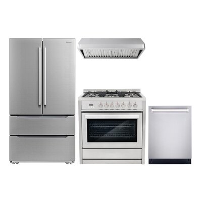 4 Piece Kitchen Package With 36" Freestanding Dual Fuel Range 36" Under Cabinet Mount Range Hood 24" Built-in Fully Integrated Dishwasher & Energy Star French Door Refrigerator - Image 0