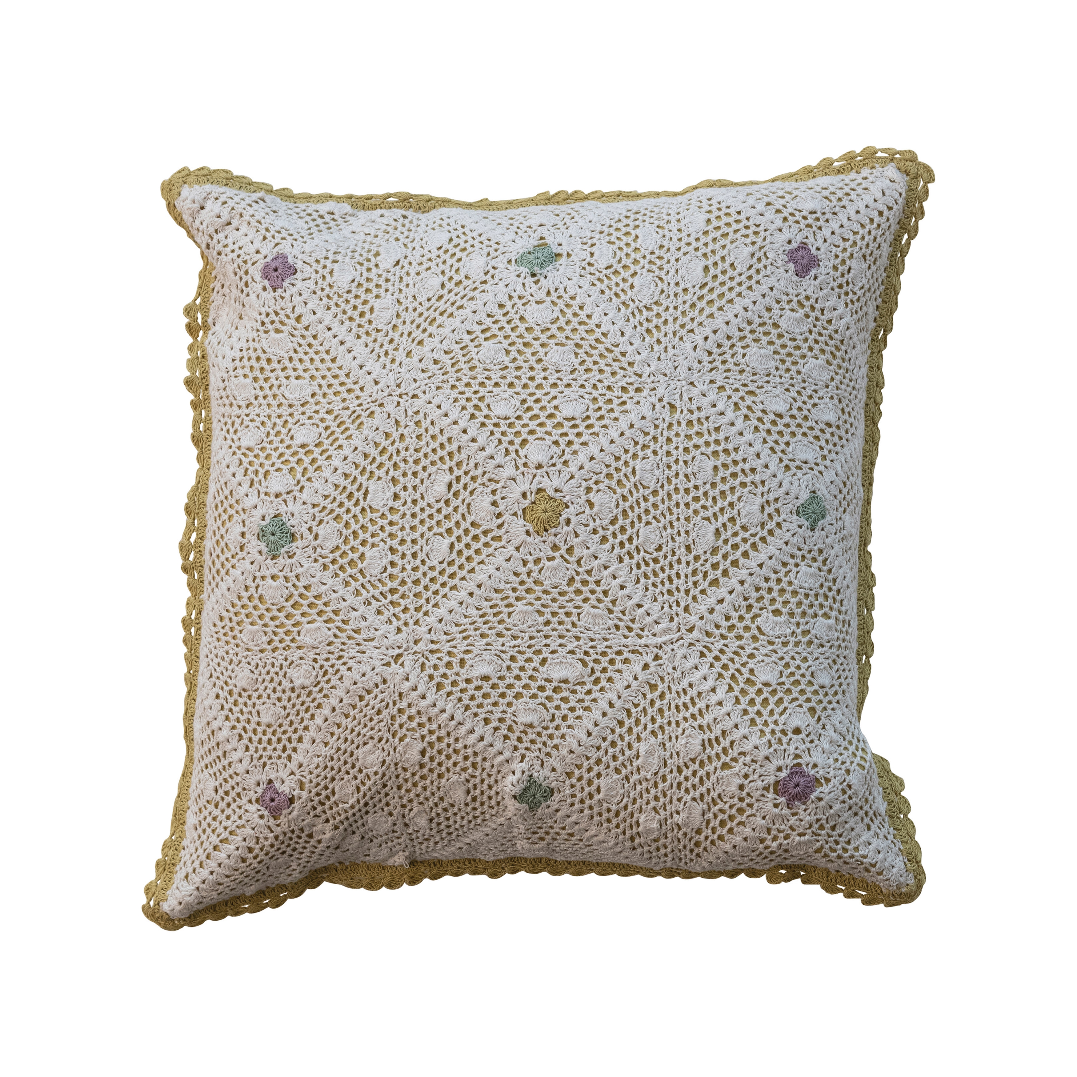 Hand-Woven Reclaimed Cotton Crocheted Pillow with Diamond Pattern, Multicolor - Image 0