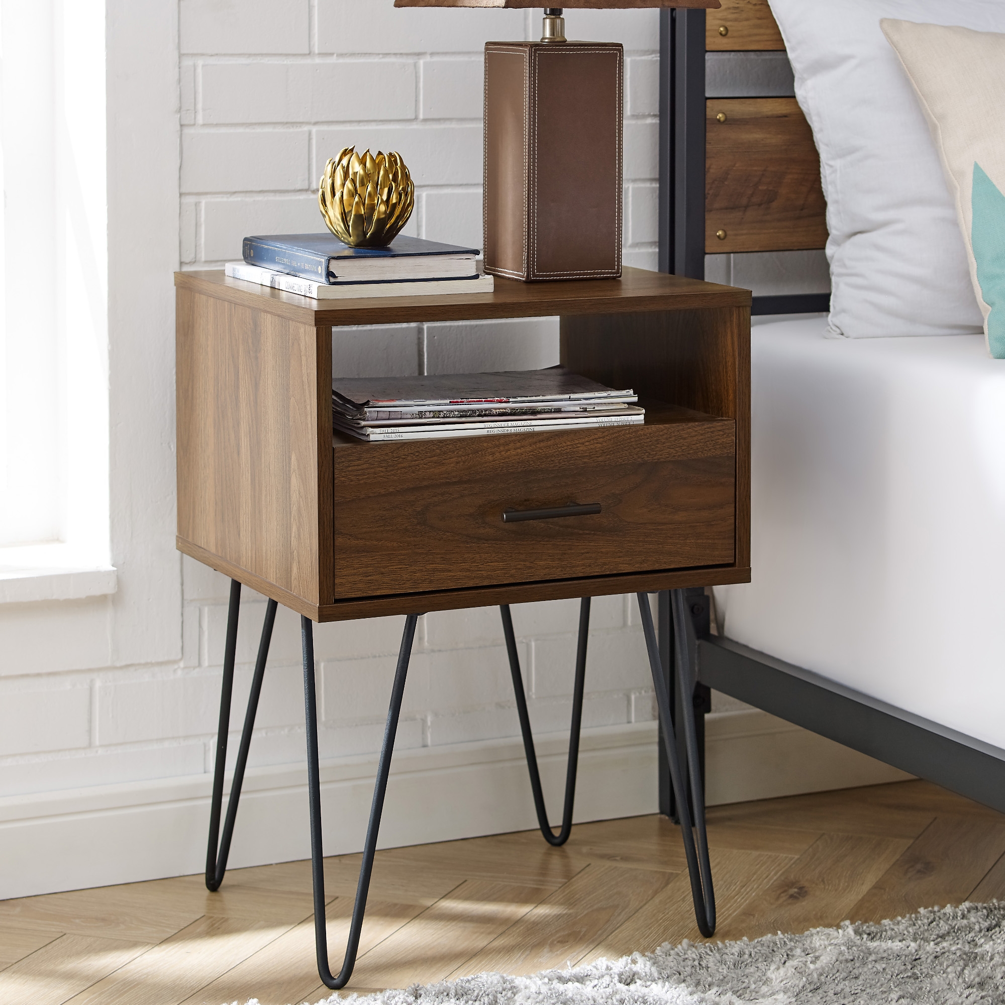 18" Modern Single Drawer Hairpin Leg Nightstand - Dark Walnut - Image 3