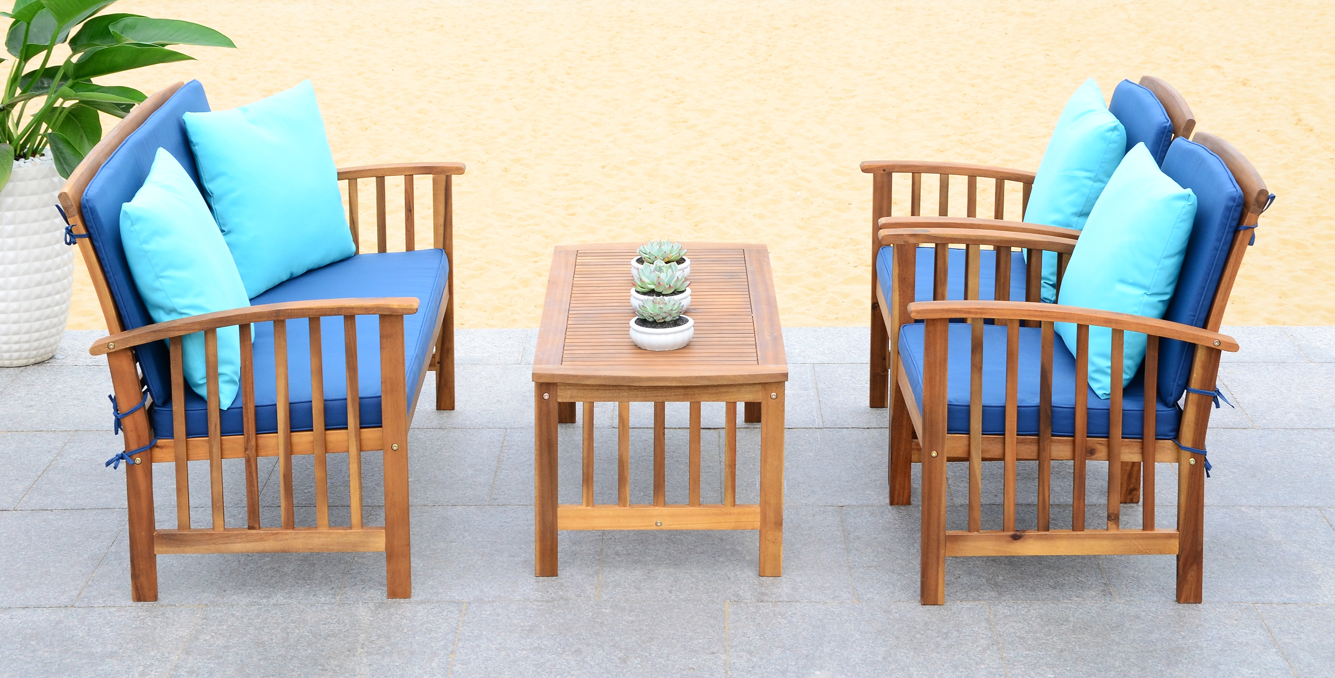 Rocklin 4 Piece Outdoor Set - Natural Look/Navy - Safavieh - Image 2