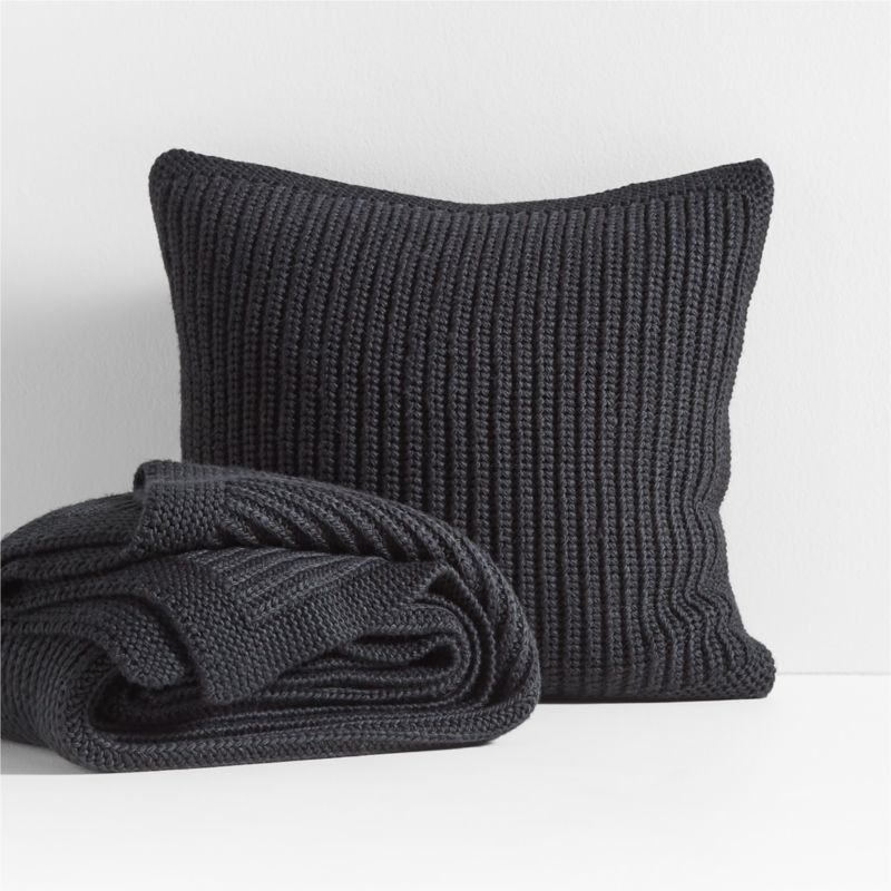 Storm Grey Wool Blend 23''x23 Fisherman Knit Throw Pillow with Feather Insert - Image 3