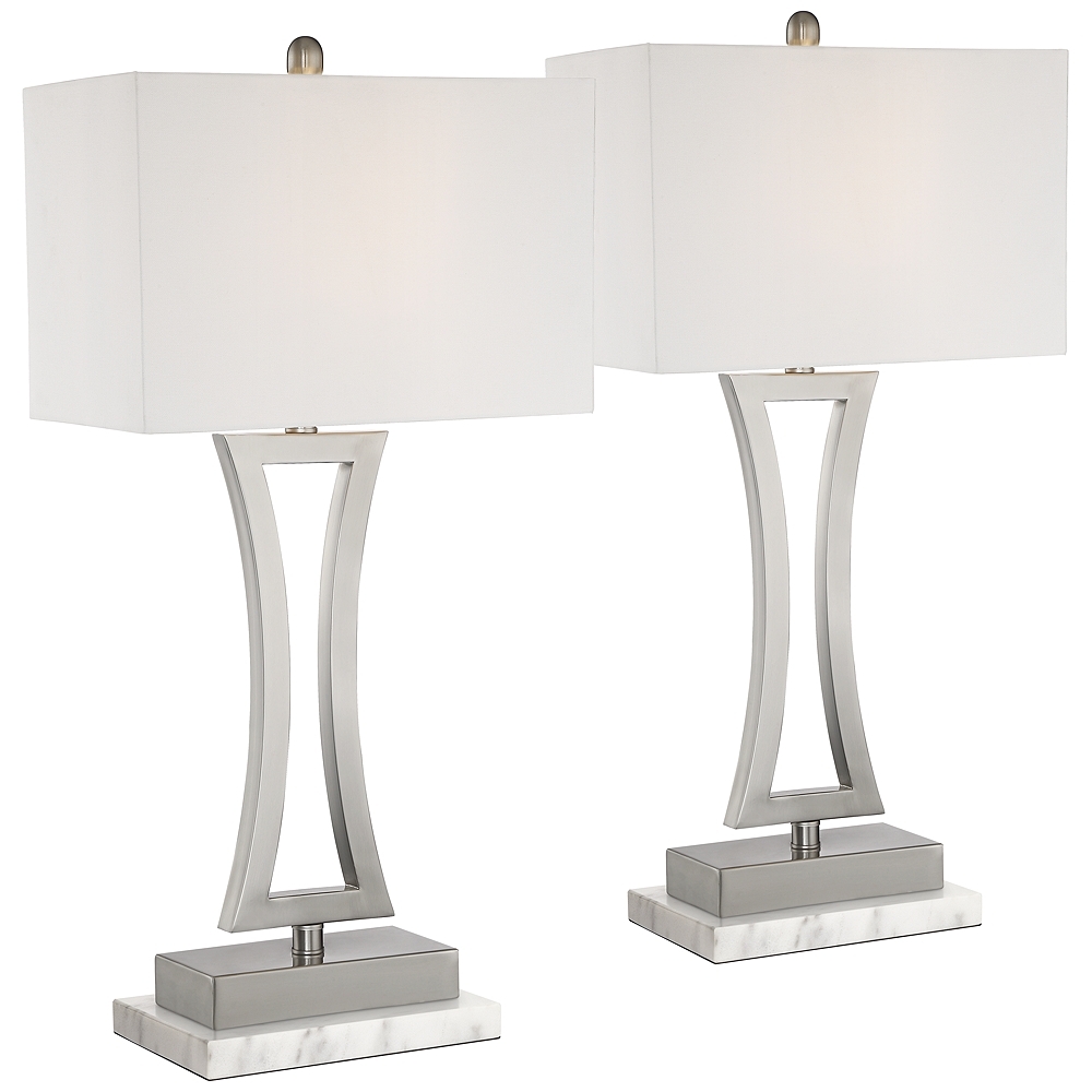 360 Lighting Roxie Brushed Nickel Lamps Set of 2 with White Marble Risers - Image 0