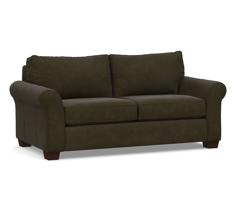 PB Comfort Roll Arm Leather Loveseat 68", Polyester Wrapped Cushions, Aviator Blackwood - Image 0