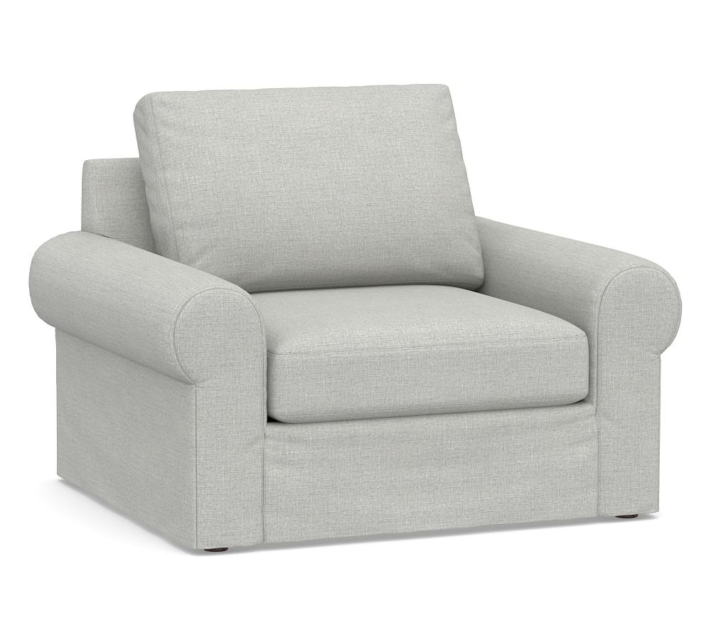 Big Sur Roll Arm Slipcovered Armchair, Down Blend Wrapped Cushions, Basketweave Slub Ash - Image 0