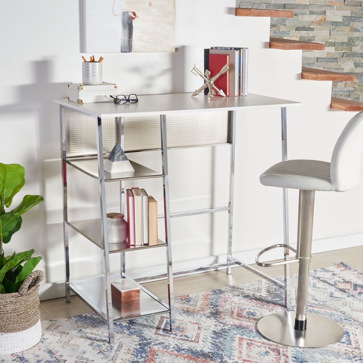 Hayden 3 Shelf Standing Desk - White / Chrome - Safavieh - Image 1