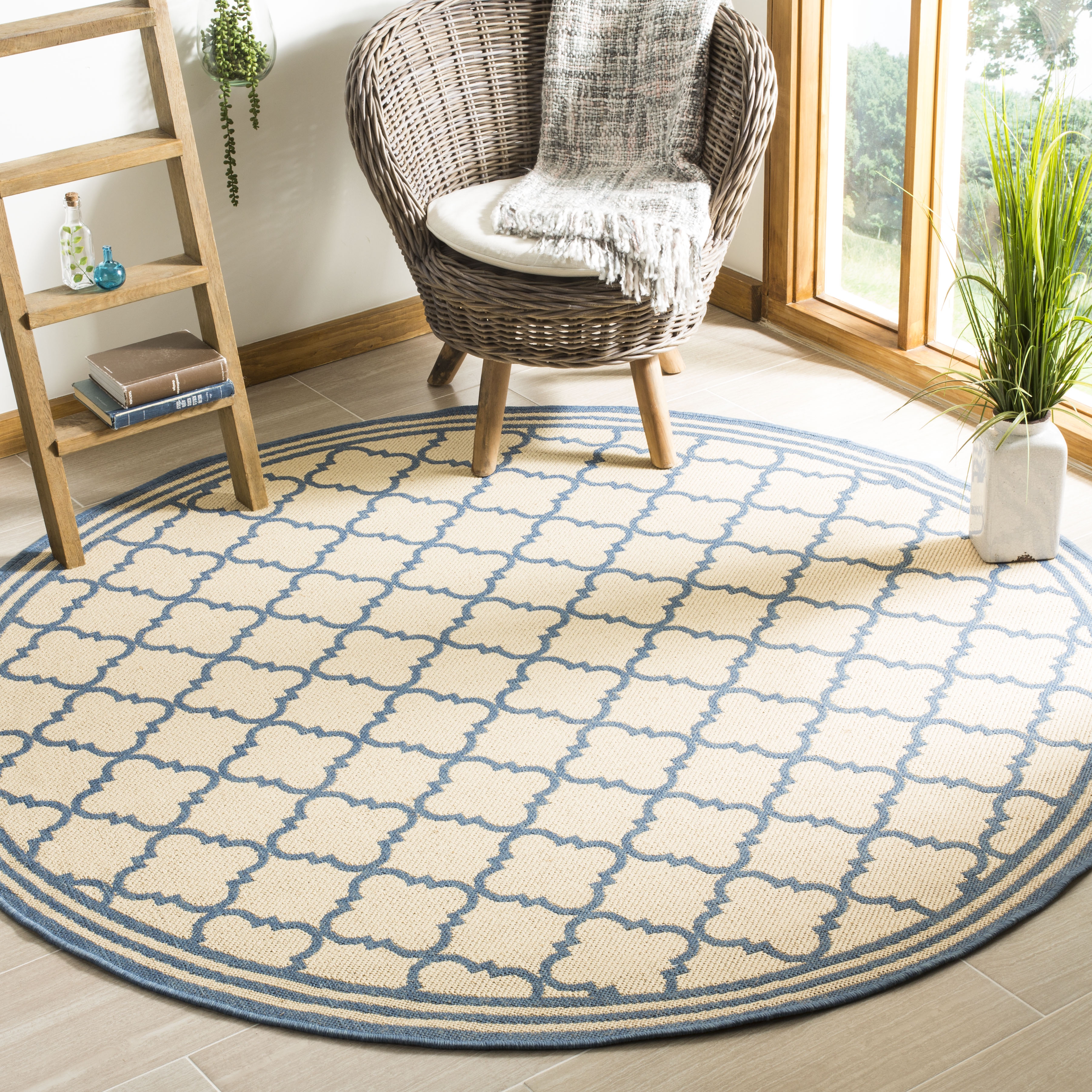 Arlo Home Indoor/Outdoor Woven Area Rug, LND121N, Cream/Blue,  6' 7" X 6' 7" Round - Image 1