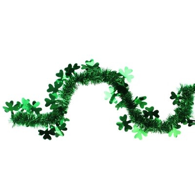 25' Green St. Patrick's Day Irish Shamrock Tinsel Garland - Unlit - Image 0