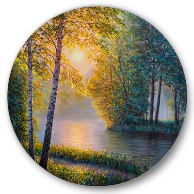 Morning Summer With Beautiful River Spring Forest - Lake House Metal Circle Wall Art - Image 0