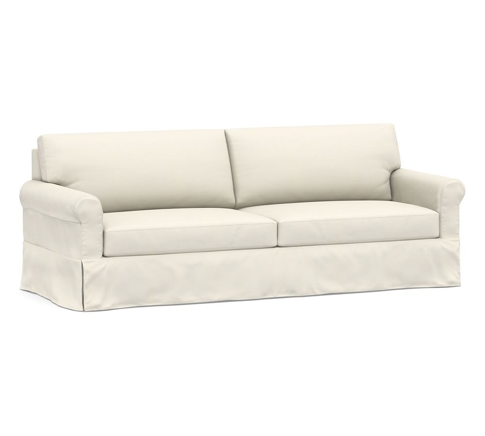 York Roll Arm Slipcovered Grand Sofa 97.5", Down Blend Wrapped Cushions, Textured Twill Ivory - Image 0