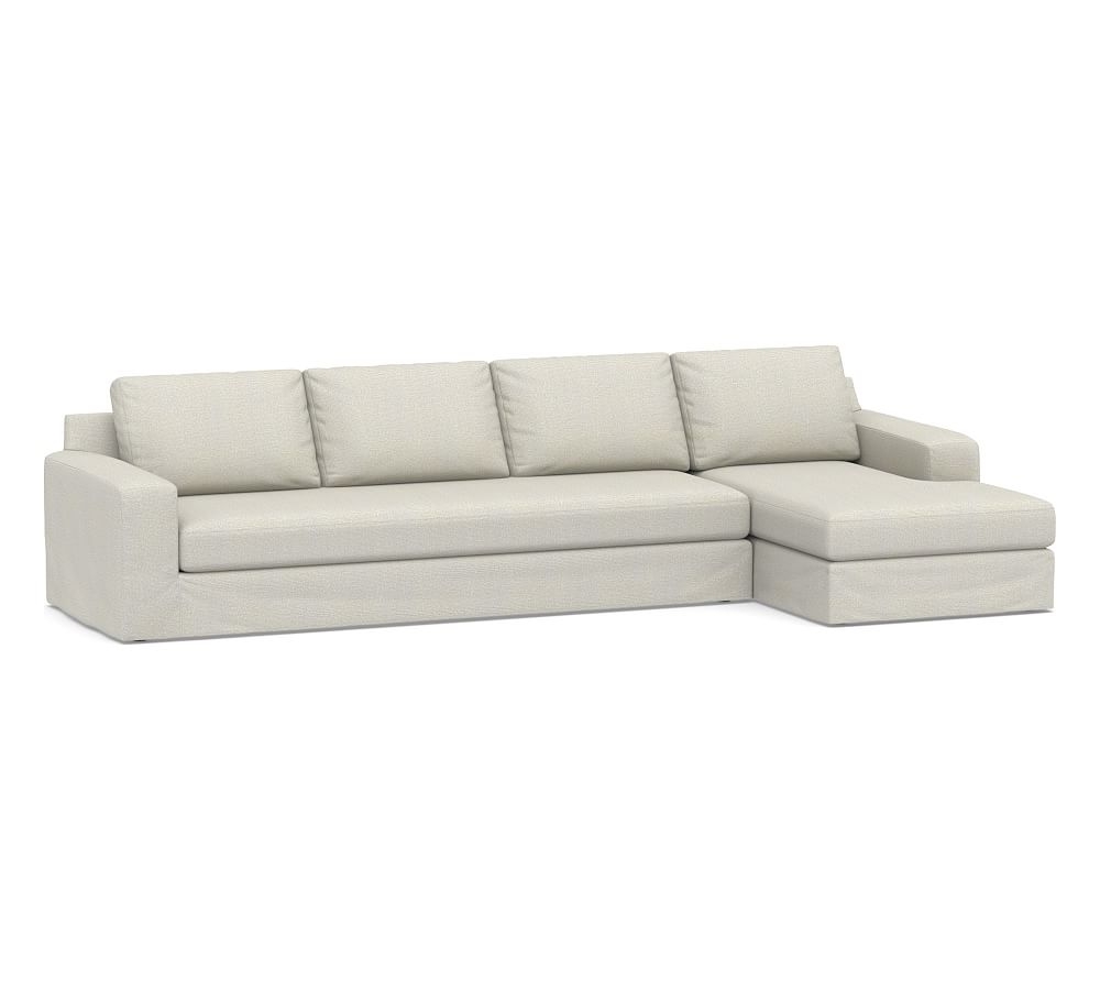Big Sur Square Arm Slipcovered Left Arm Grand Sofa with Chaise Sectional and Bench Cushion, Down Blend Wrapped Cushions, Performance Heathered Basketweave Dove - Image 0