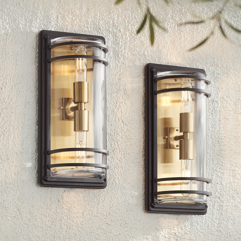 John Timberland Habitat 16" Bronze Brass Outdoor Wall Lights Set of 2 - Image 0