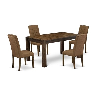 Aggappora 7-Piece Dining Table Set- 6 Dining Chairs With Brown Beige Linen Fabric Seat And Button Tufted Chair Back - Rectangular Table Top & Wooden 4 Legs - Distressed Jacobean Finish - Image 0