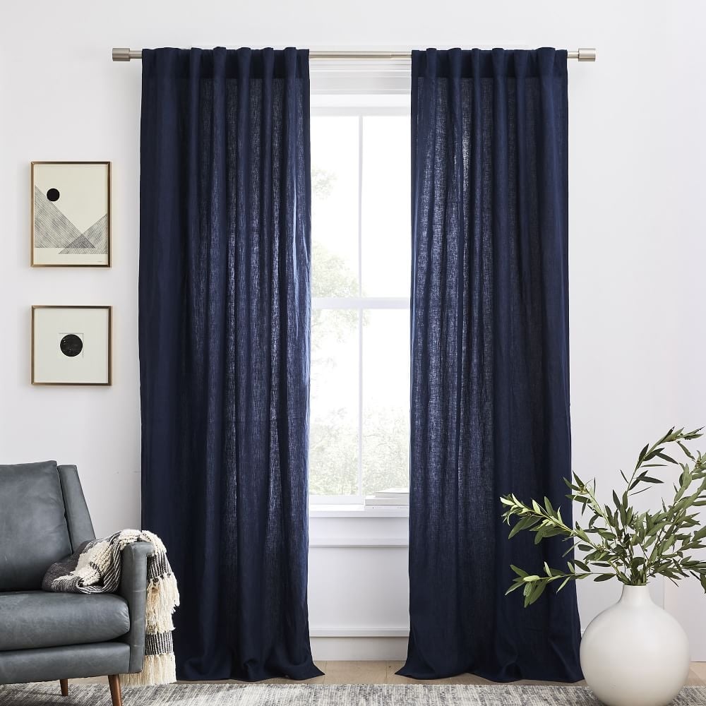 Solid European Flax Linen Curtain, Midnight , 48"x84", Set of 2 - Image 0