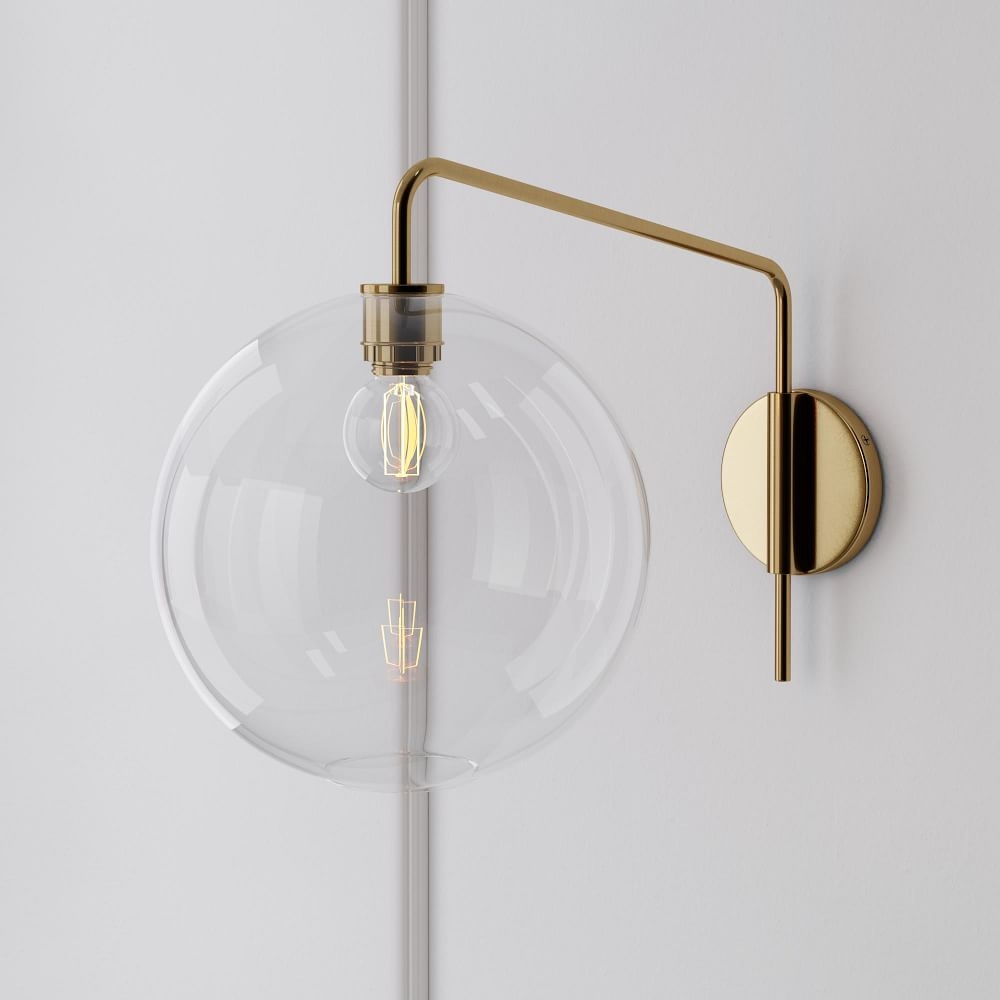 Sculptural Adjustable Sconce, Portable Convertible, Globe Large, Clear, Antique Brass, 12.9" - Image 0